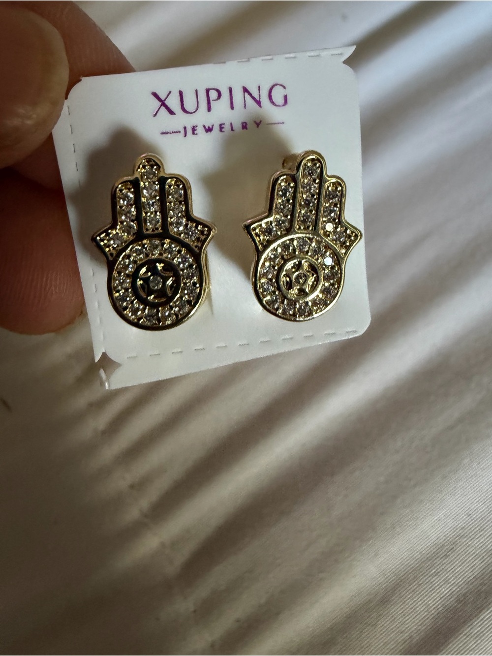 Xuping Gold Hamsa Hand Crystal Stud Earrings